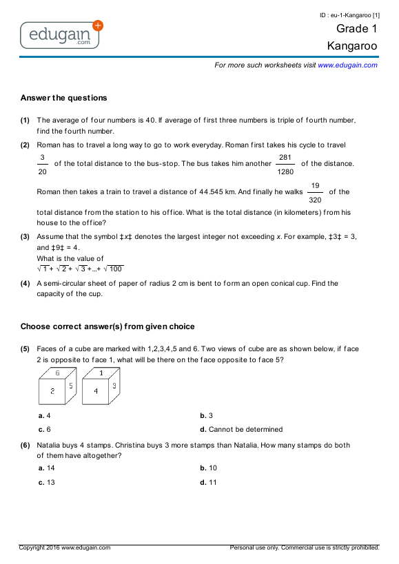 Grade 1 Math Kangaroo Preparation Online Practice Questions Tests Worksheets Quizzes