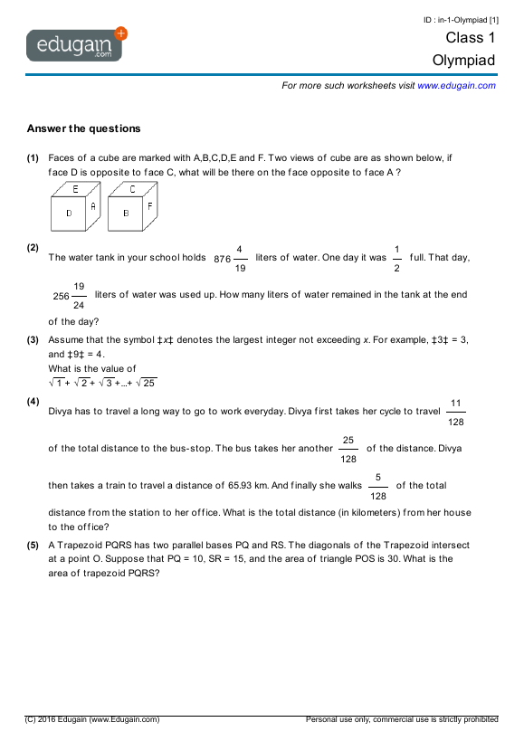 grade 1 mathematics olympiad preparation online practice questions tests worksheets quizzes assignments edugain usa