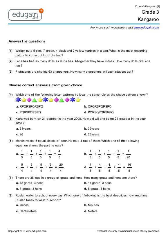 grade 3 math kangaroo preparation online practice questions tests worksheets quizzes assignments edugain usa
