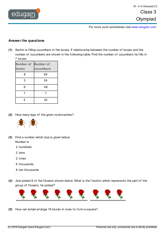 Grade 3 - Mathematics Olympiad | Preparation, Online Practice, Questions, Tests, Worksheets, Quizzes, Assignments | Edugain Usa