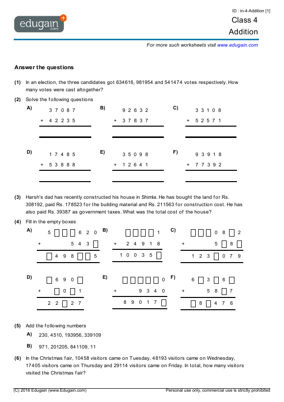 grade 4 addition math practice questions tests worksheets quizzes assignments edugain usa