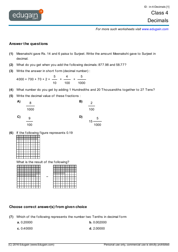 Grade 4 Decimals Math Practice Questions Tests Worksheets Quizzes Assignments Edugain USA