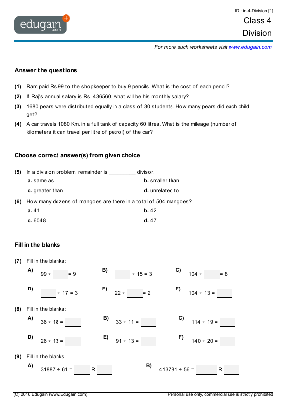 grade 4 division math practice questions tests worksheets quizzes assignments edugain usa