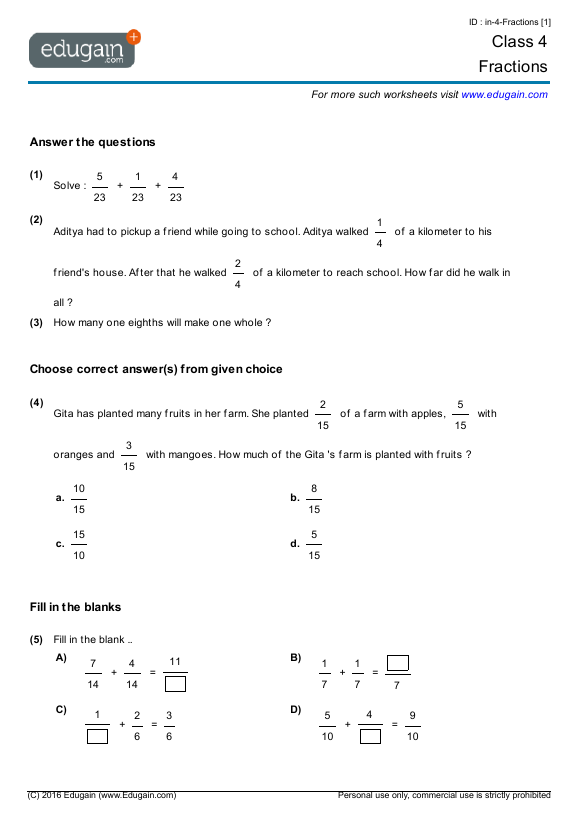 grade 4 fractions math practice questions tests worksheets quizzes assignments edugain usa