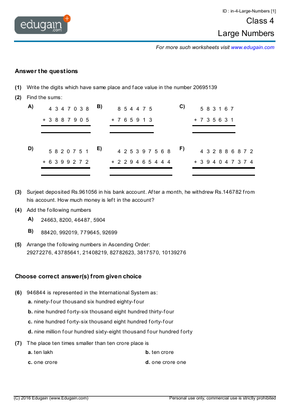 grade 4 large numbers math practice questions tests worksheets quizzes assignments edugain usa