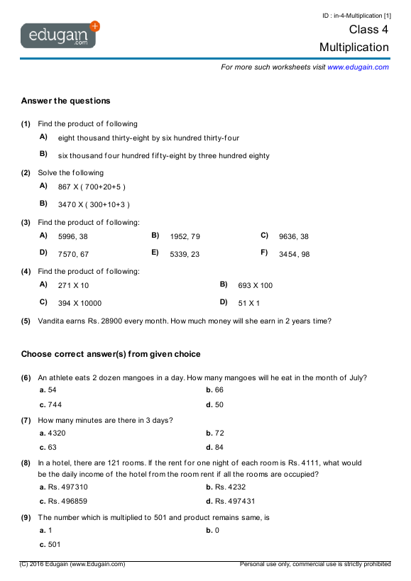 grade 4 multiplication math practice questions tests worksheets quizzes assignments edugain usa