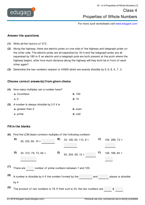 Grade 4 Properties Of Whole Numbers Math Practice Questions Tests Worksheets Quizzes 
