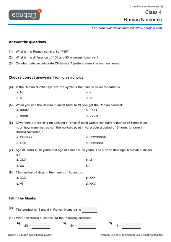 Grade 4 Maths Worksheets Roman Numerals