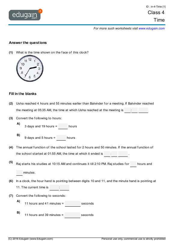 grade 4 time math practice questions tests worksheets quizzes assignments edugain usa