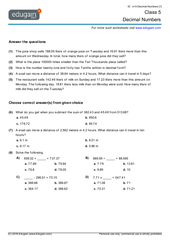 grade 5 decimal numbers math practice questions tests worksheets quizzes assignments edugain usa