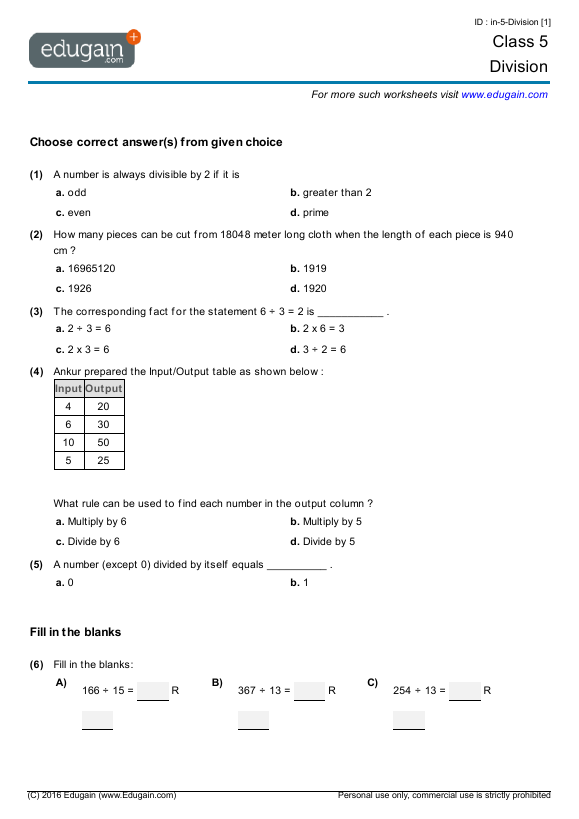 grade 5 division math practice questions tests worksheets quizzes assignments edugain usa