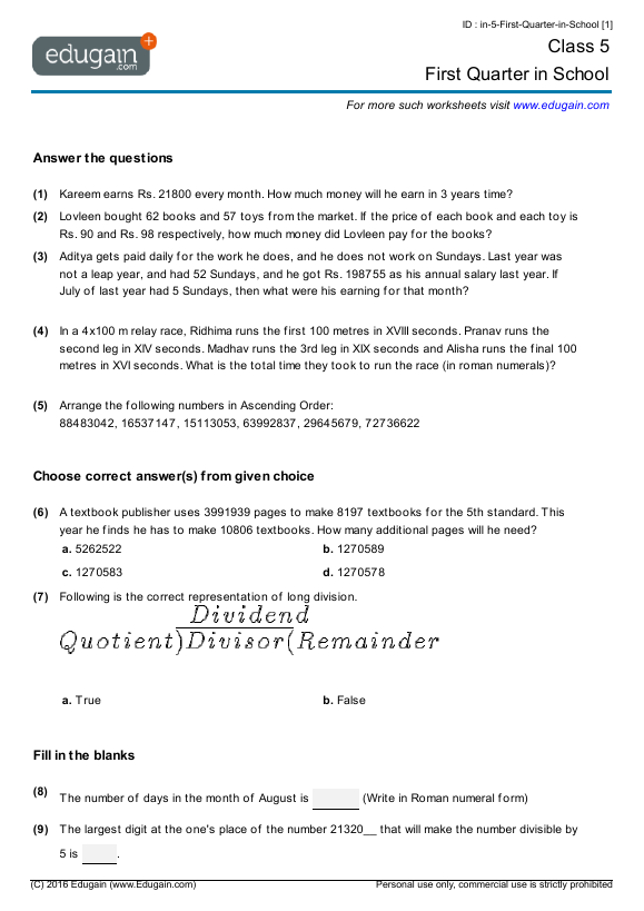 grade 5 first quarter in school math practice questions tests worksheets quizzes assignments edugain usa