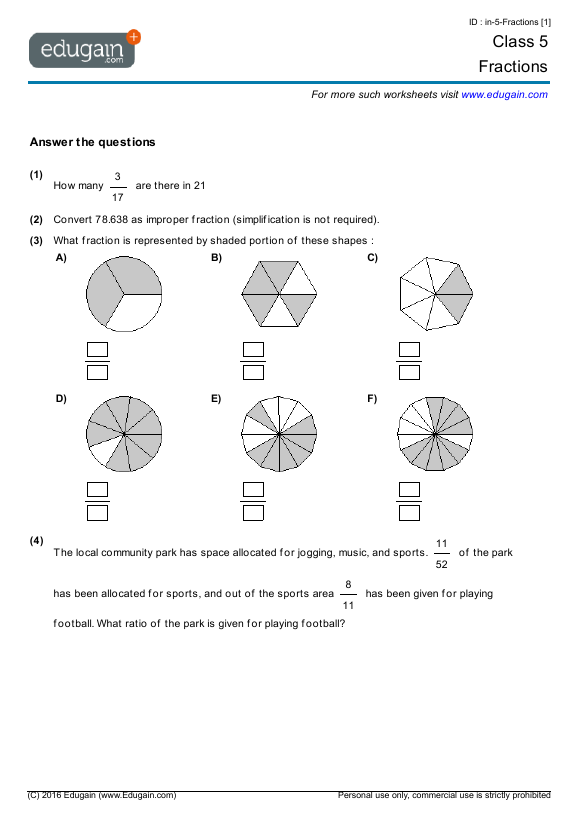 grade 5 fractions math practice questions tests worksheets quizzes assignments edugain usa
