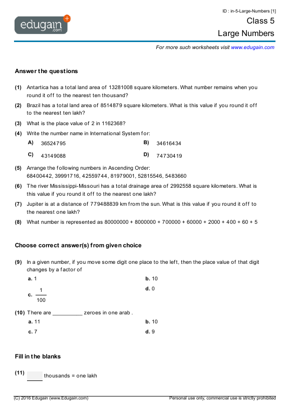 grade 5 large numbers math practice questions tests worksheets quizzes assignments edugain usa