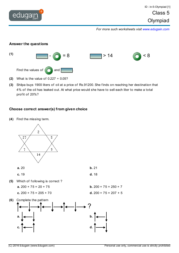 grade 5 mathematics olympiad preparation online practice questions tests worksheets quizzes assignments edugain usa