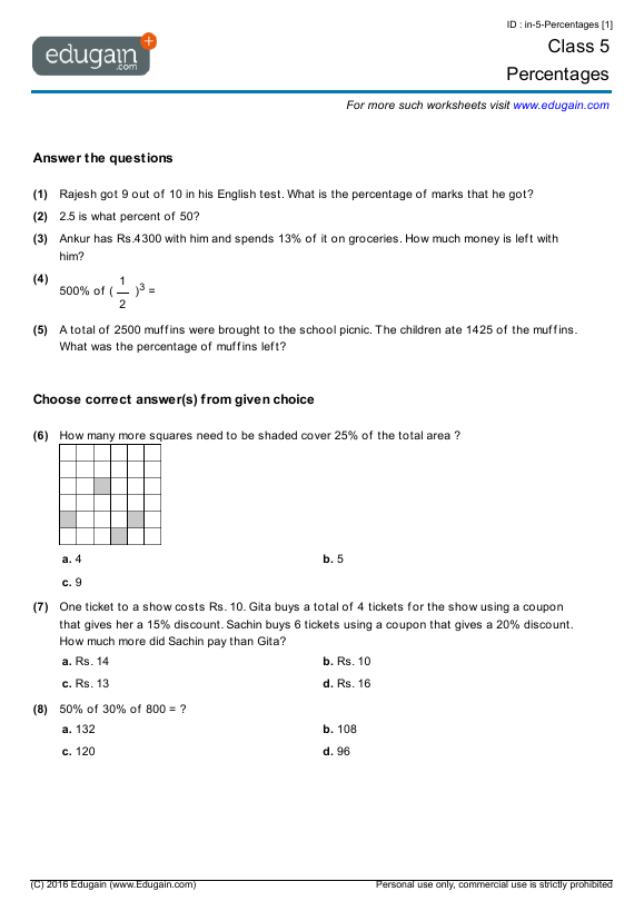 grade 5 percentages math practice questions tests worksheets quizzes assignments edugain usa