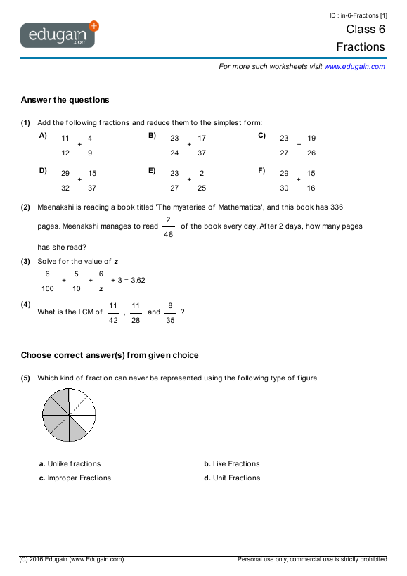 grade 6 fractions math practice questions tests worksheets quizzes assignments edugain usa