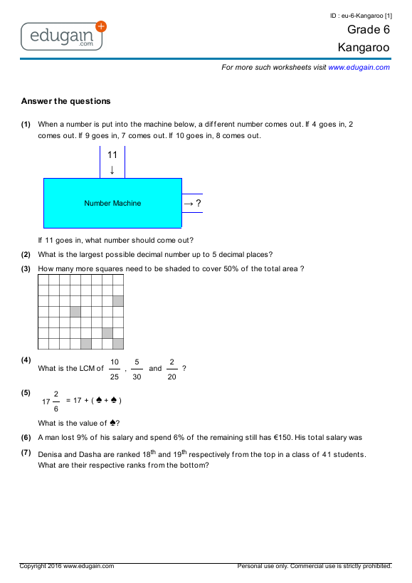 Grade 6 Math Kangaroo Preparation, Online Practice, Questions