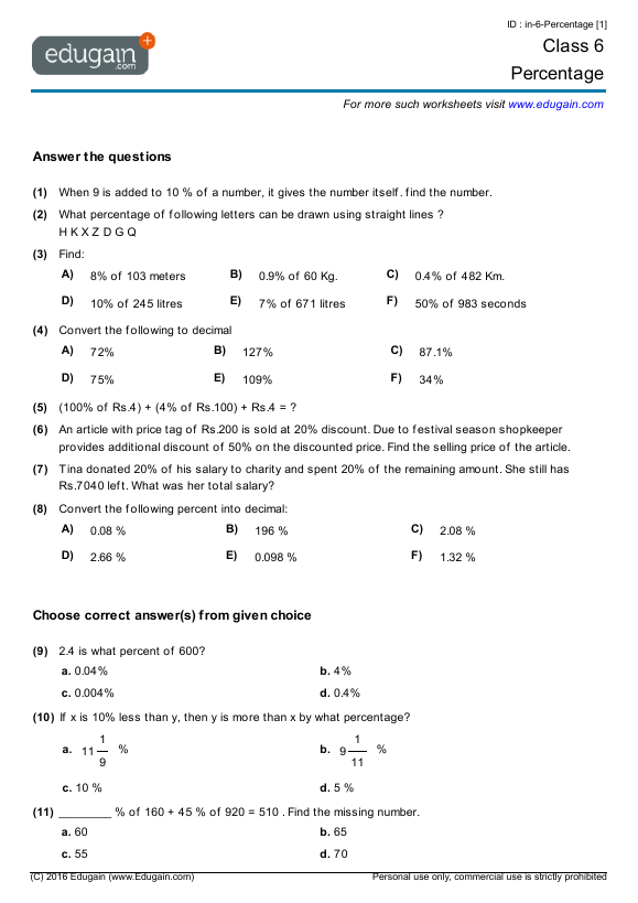 Grade 6 Percentage Math Practice Questions Tests Worksheets 