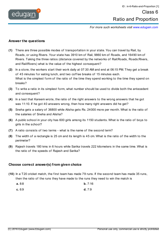 assignment on ratio and proportion class 6