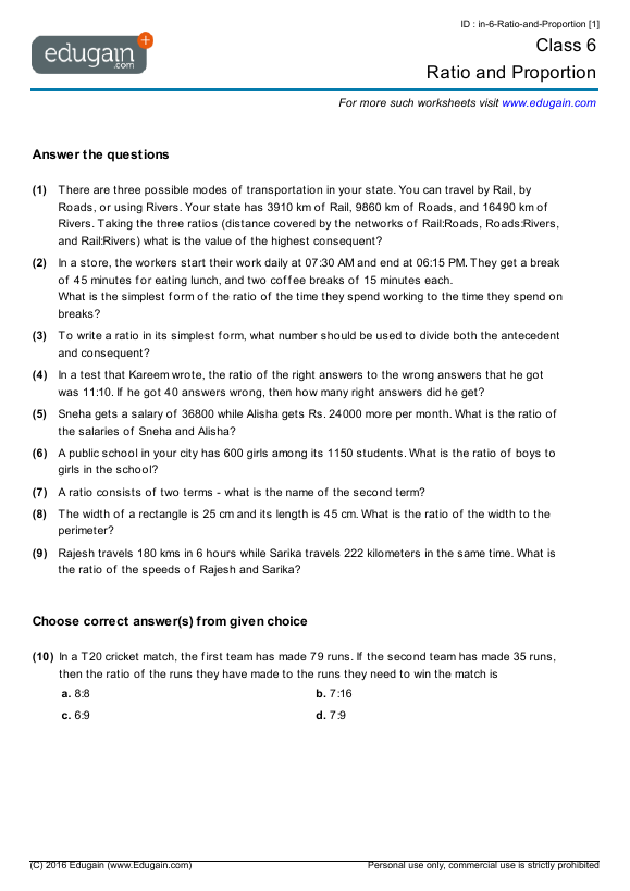 Grade 6 Ratio And Proportion Math Practice Questions Tests 