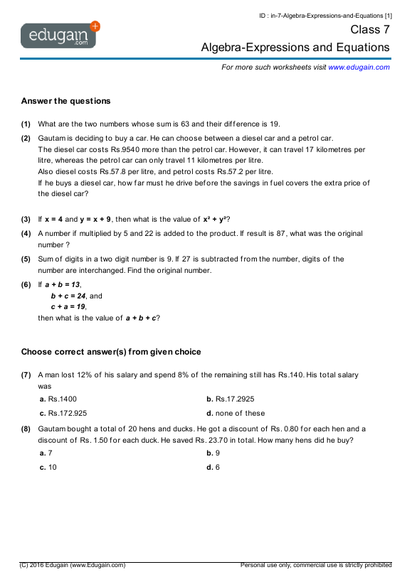 Grade 7 Algebra Expressions And Equations Math Practice Questions Tests Worksheets