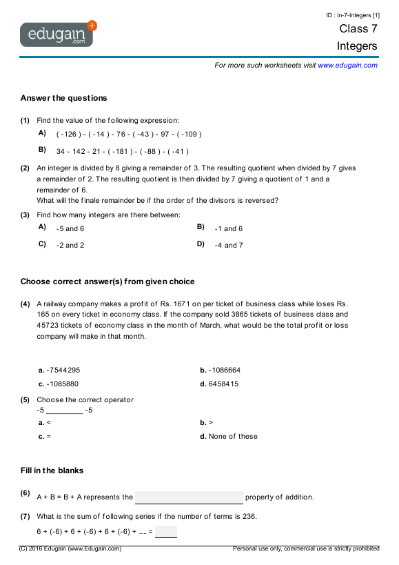 grade 7 integers math practice questions tests worksheets quizzes assignments edugain usa