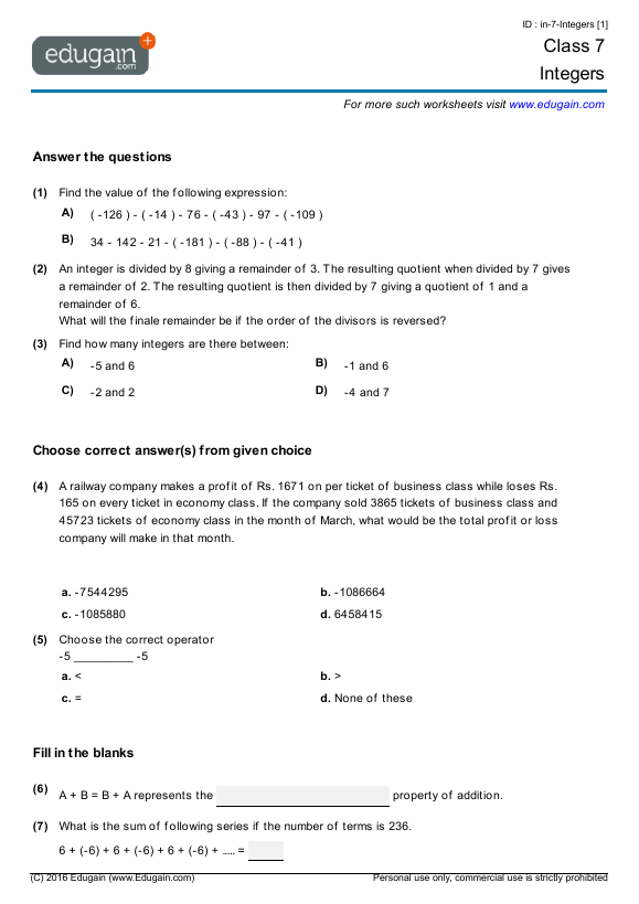 Grade 7 Integers Math Practice Questions Tests Worksheets 