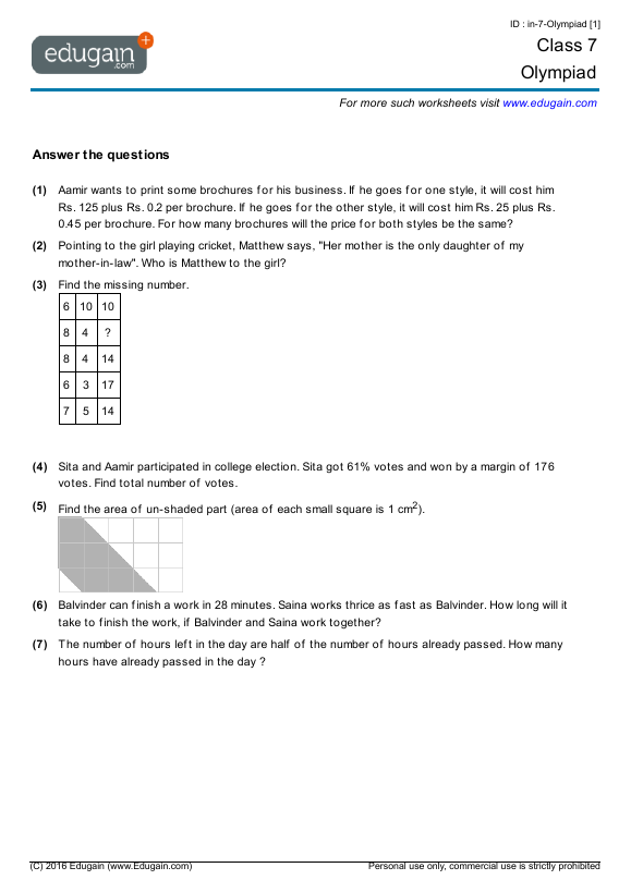 grade 7 mathematics olympiad preparation online practice questions tests worksheets quizzes assignments edugain usa