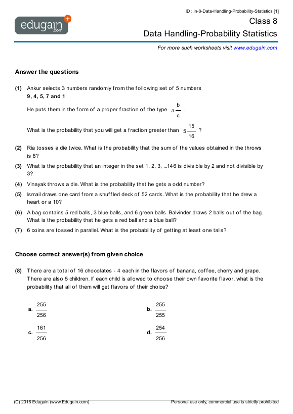 Probability Worksheet For Grade 8 Grade 8 Data Handling Probability Statistics Math Practice