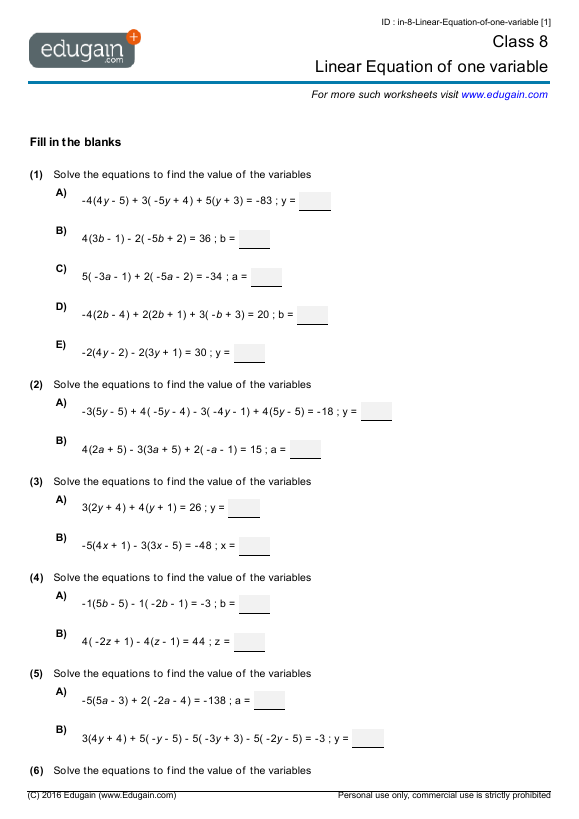 Grade 8 Linear Equations Of One Variable Math Practice Questions Tests Worksheets 8942