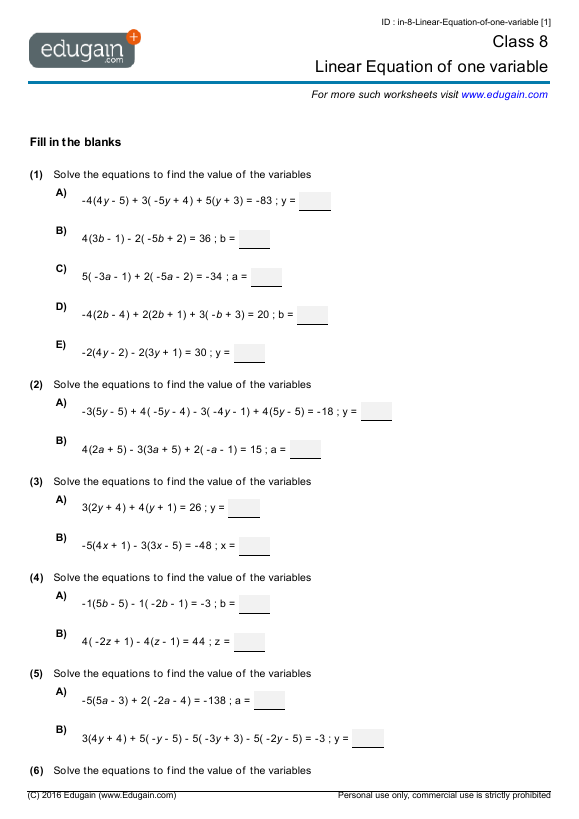 Grade 8 Linear Equations Of One Variable Math Practice Questions 