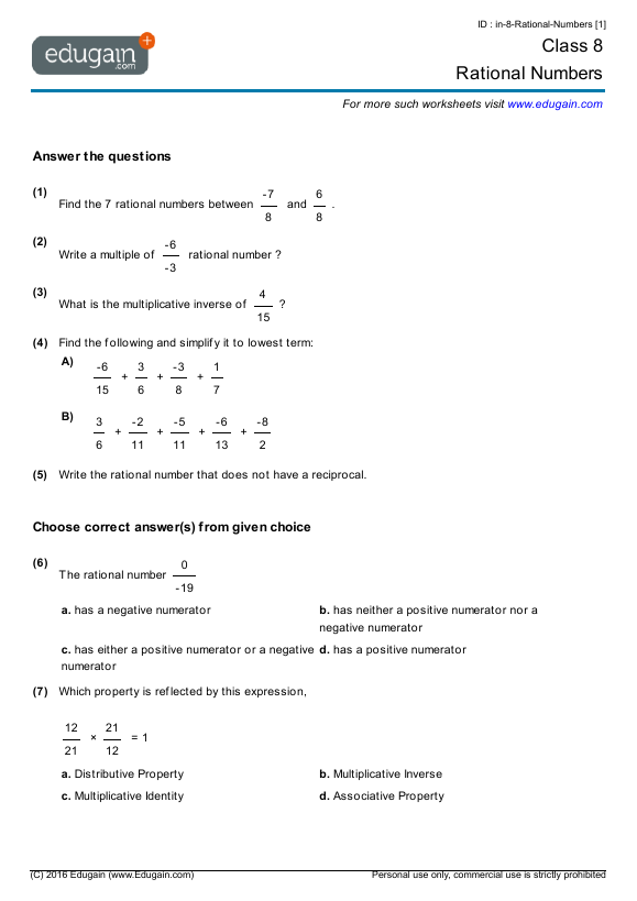 Maths Worksheet On Rational Numbers For Class 7