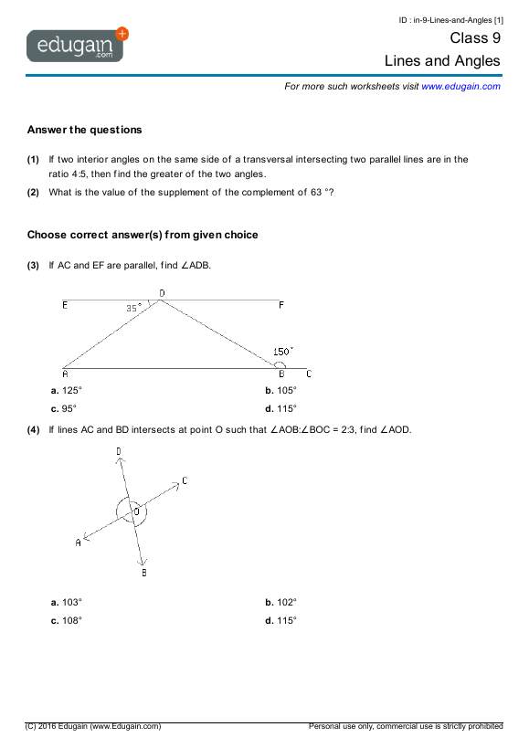 grade 9 lines and angles math practice questions tests worksheets quizzes assignments edugain usa